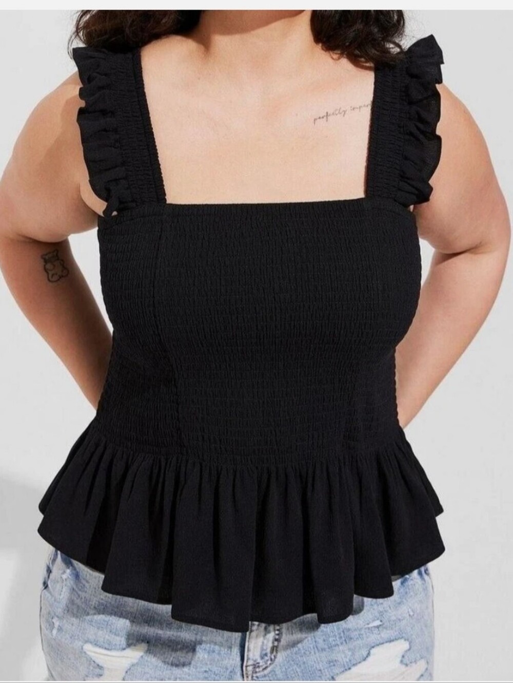 Torrid- 2X Black Peplum Top Smocked Bodice Ruffled wide Straps